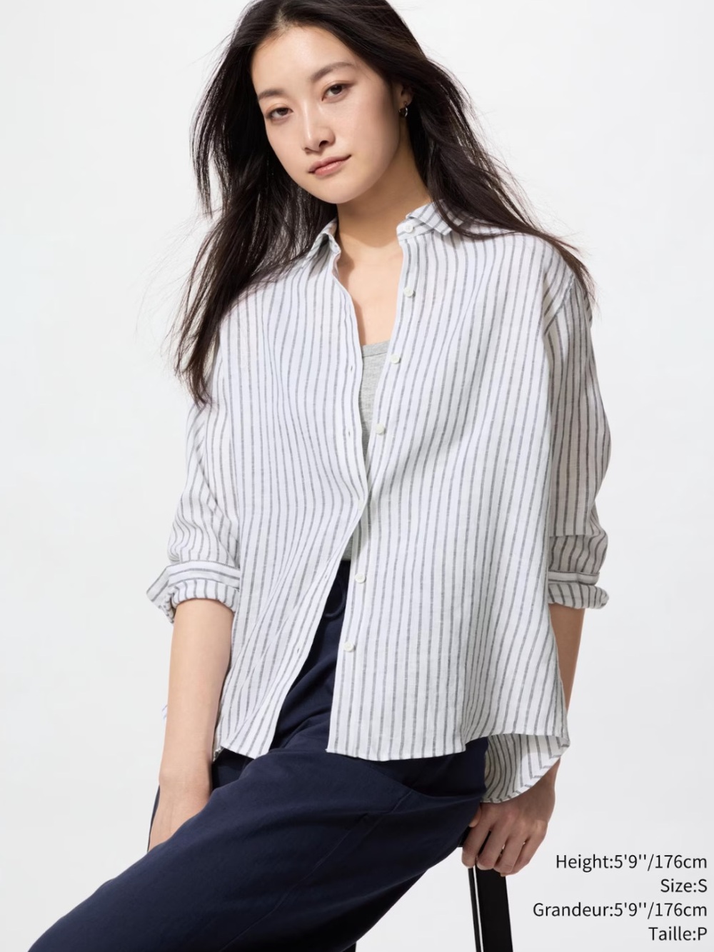 Uniqlo Premium 100% Linen Striped Button Down Shirt XS Off White & Blue NEW